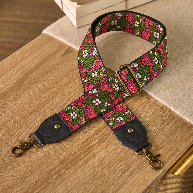 Buddha Stones Bohemian Rose Red Flower Green Leaves Embroidery Adjustable Handbags Crossbody Shoulder Bag Purse Straps Replacement - Green Black - 85-135cm*5cm - image 0