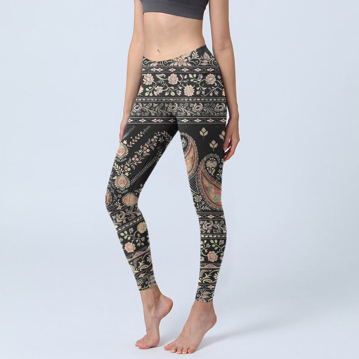 Buddha Stones Retro Repetitive Flower Leaf Vine Pattern Print Gym Leggings Women's Yoga Pants - Black - US18，UK/AU22，EU50 (4XL) - image 0