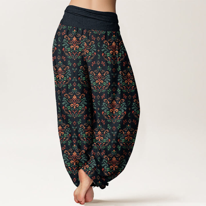 Buddha Stones Pure Cotton Retro Symmetrical Flower Leaf Pattern Women's Elastic Waist Harem Pants - image 1