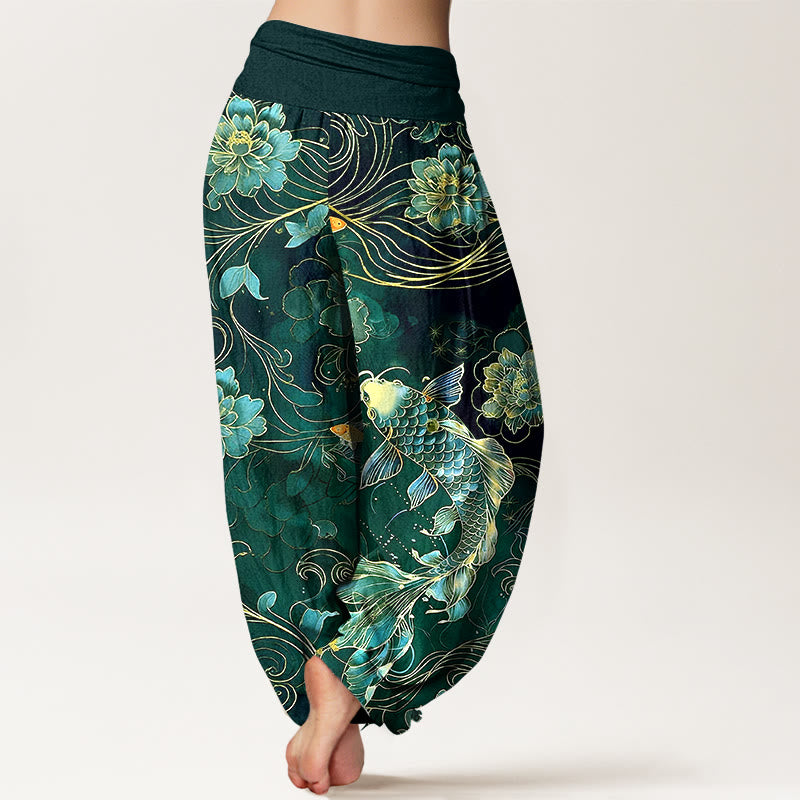 Buddha Stones Pure Cotton Dreamlike Koi Fish Peony Curve Pattern Women's Elastic Waist Harem Pants - image 9