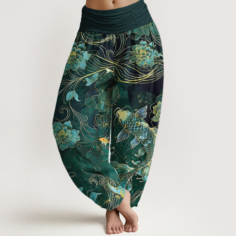 Buddha Stones Pure Cotton Dreamlike Koi Fish Peony Curve Pattern Women's Elastic Waist Harem Pants - DarkGreen - US16，UK/AU20，EU48 (3XL) - image 8