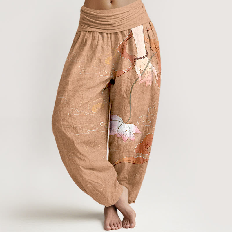 Buddha Stones Pure Cotton Lotus Flower Flowing Ribbons Hand Wearing Prayer Beads Clouds Pattern Women's Elastic Waist Harem Pants - LightSalmon - US16，UK/AU20，EU48 (3XL) - image 0