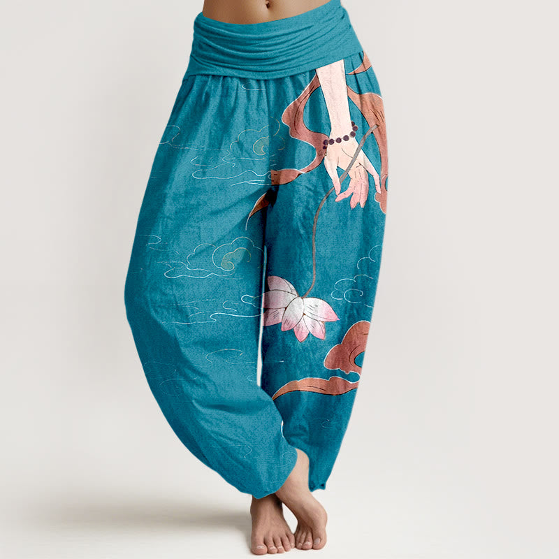 Buddha Stones Pure Cotton Lotus Flower Flowing Ribbons Hand Wearing Prayer Beads Clouds Pattern Women's Elastic Waist Harem Pants - DeepSkyBlue - US16，UK/AU20，EU48 (3XL) - image 5