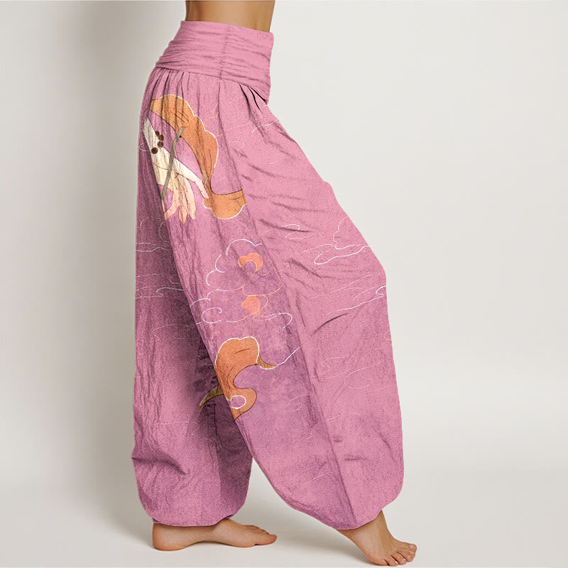 Buddha Stones Pure Cotton Lotus Flower Flowing Ribbons Hand Wearing Prayer Beads Clouds Pattern Women's Elastic Waist Harem Pants - image 10