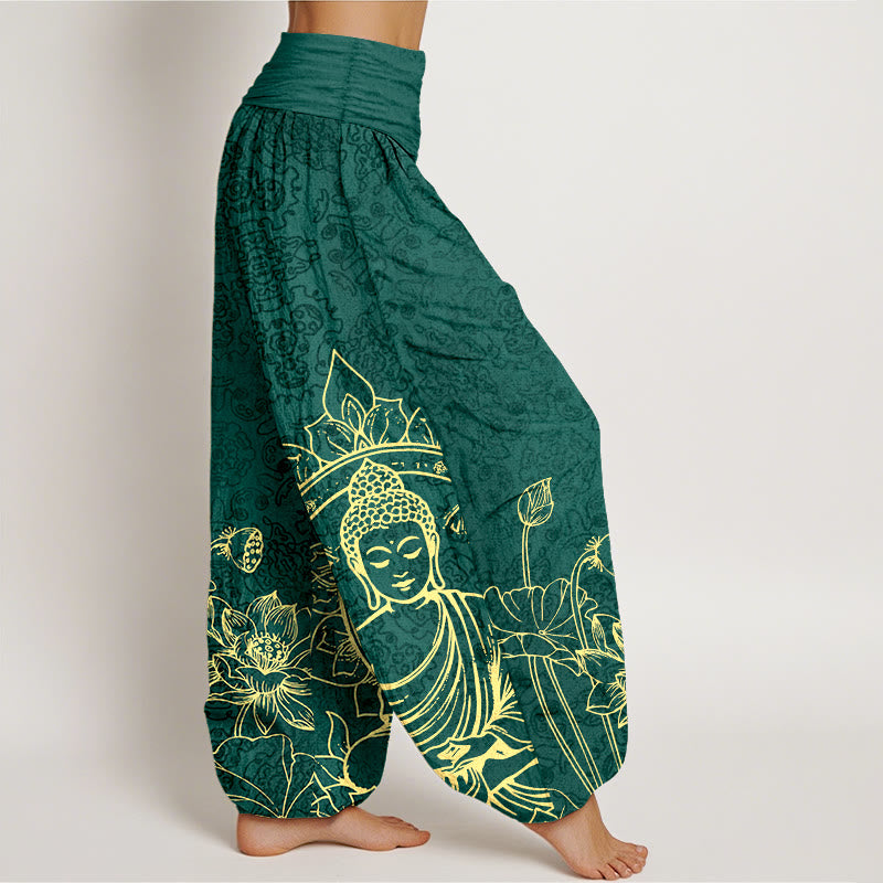 Buddha Stones Pure Cotton Classical Lotus Flower Seedpod Leaf Buddha Pattern Women's Elastic Waist Harem Pants - image 2