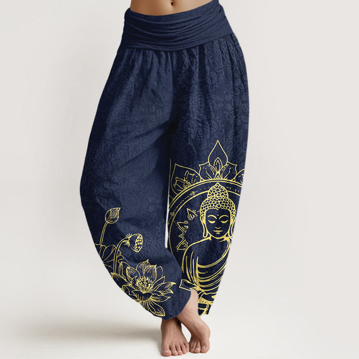 Buddha Stones Pure Cotton Classical Lotus Flower Seedpod Leaf Buddha Pattern Women's Elastic Waist Harem Pants - DarkBlue - US16，UK/AU20，EU48 (3XL) - image 5
