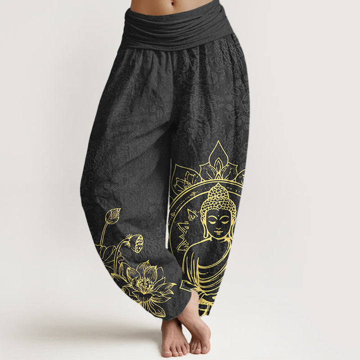 Buddha Stones Pure Cotton Classical Lotus Flower Seedpod Leaf Buddha Pattern Women's Elastic Waist Harem Pants - Black - US16，UK/AU20，EU48 (3XL) - image 8