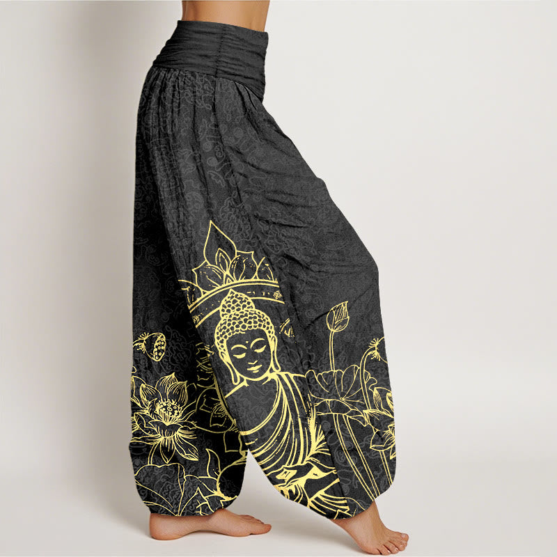 Buddha Stones Pure Cotton Classical Lotus Flower Seedpod Leaf Buddha Pattern Women's Elastic Waist Harem Pants - image 10