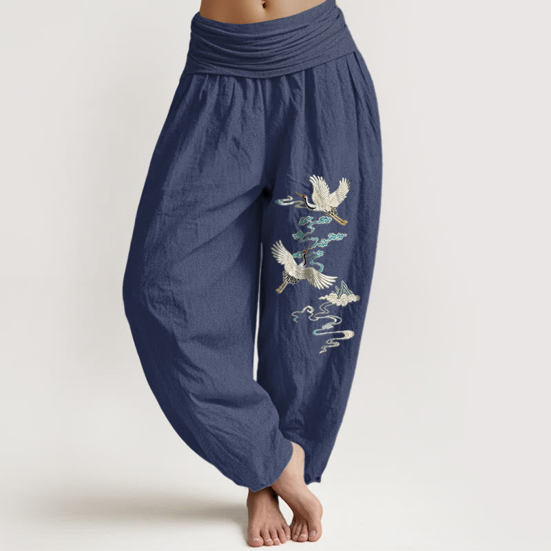 Buddha Stones Pure Cotton Elegant Crane Cloud Mountain Pattern Women's Elastic Waist Harem Pants - DarkSlateBlue - US16，UK/AU20，EU48 (3XL) - image 5