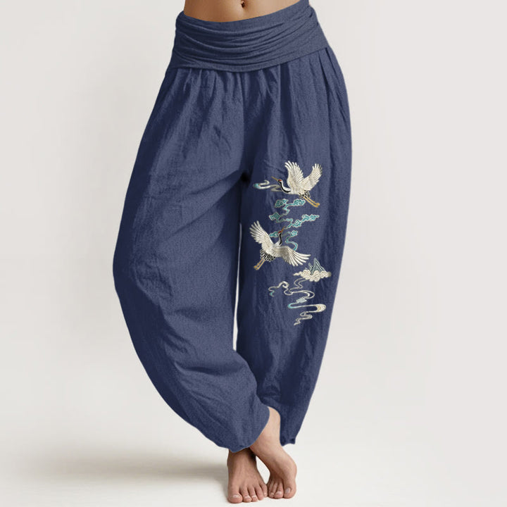 Buddha Stones Pure Cotton Elegant Crane Cloud Mountain Pattern Women's Elastic Waist Harem Pants - DarkSlateBlue - US16，UK/AU20，EU48 (3XL) - image 5