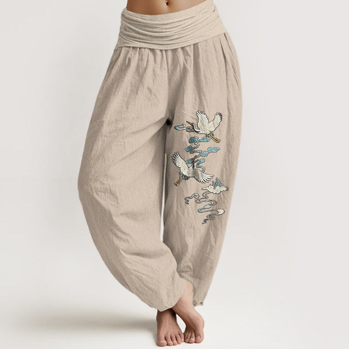 Buddha Stones Pure Cotton Elegant Crane Cloud Mountain Pattern Women's Elastic Waist Harem Pants - Tan - US16，UK/AU20，EU48 (3XL) - image 11