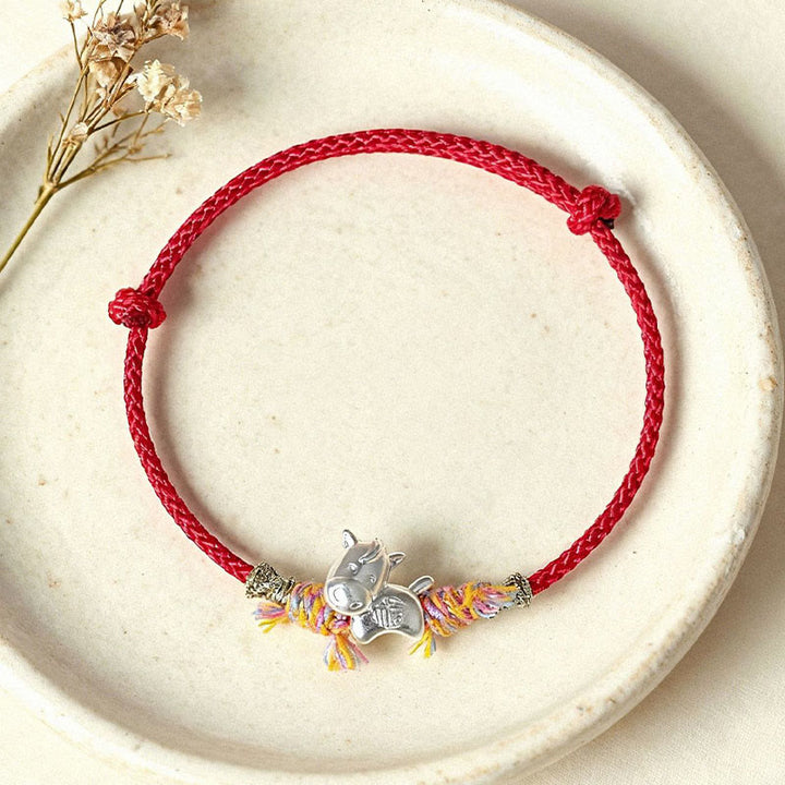 Buddha Stones Year of the Horse 999 Sterling Silver Winged Horse Fu Character Red String Luck Bracelet - image 3