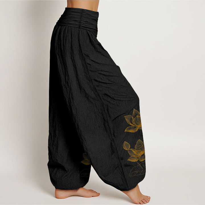 Buddha Stones Pure Cotton Line Drawing Lotus Flower Pattern Women's Elastic Waist Harem Pants - image 2