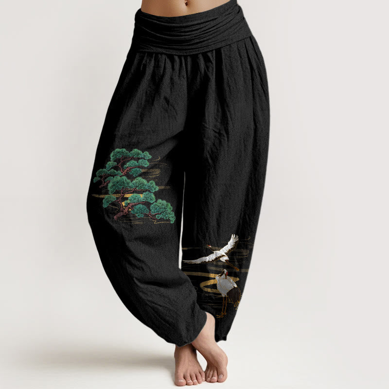 Buddha Stones Pure Cotton Elegant Colors Pine Tree Crane Pattern Women's Elastic Waist Harem Pants - Black - US16，UK/AU20，EU48 (3XL) - image 5