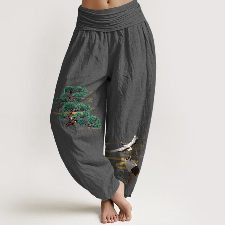 Buddha Stones Pure Cotton Elegant Colors Pine Tree Crane Pattern Women's Elastic Waist Harem Pants - DimGray - US16，UK/AU20，EU48 (3XL) - image 11