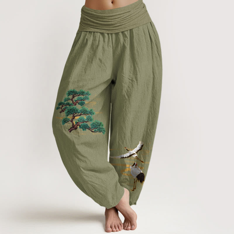 Buddha Stones Pure Cotton Elegant Colors Pine Tree Crane Pattern Women's Elastic Waist Harem Pants - OliveDrab - US16，UK/AU20，EU48 (3XL) - image 14