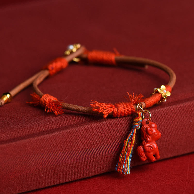 Buddha Stones Tibetan Year Of The Horse Carved Cinnabar Blessing Bracelet - image 0