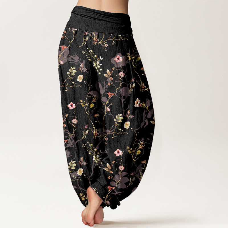 Buddha Stones Pure Cotton Retro Flowers Leaves Branches Pattern Women's Elastic Waist Harem Pants - image 1