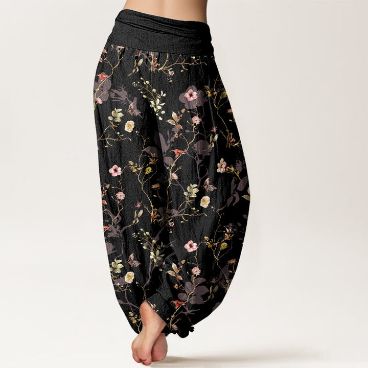 Buddha Stones Pure Cotton Retro Flowers Leaves Branches Pattern Women's Elastic Waist Harem Pants - image 1