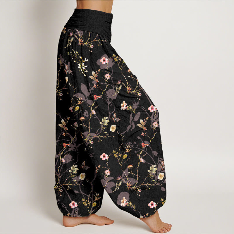 Buddha Stones Pure Cotton Retro Flowers Leaves Branches Pattern Women's Elastic Waist Harem Pants - image 2
