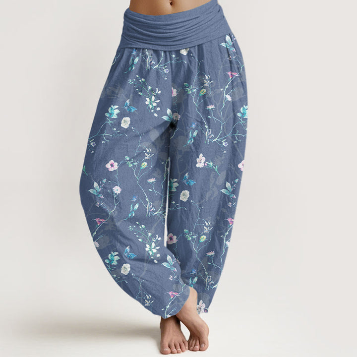 Buddha Stones Pure Cotton Retro Flowers Leaves Branches Pattern Women's Elastic Waist Harem Pants - CornflowerBlue - US16，UK/AU20，EU48 (3XL) - image 5
