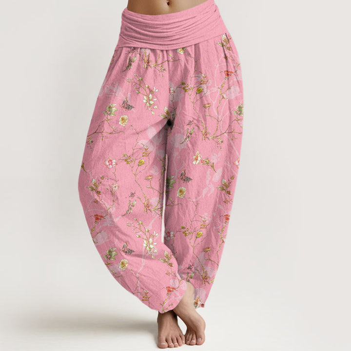 Buddha Stones Pure Cotton Retro Flowers Leaves Branches Pattern Women's Elastic Waist Harem Pants - HotPink - US16，UK/AU20，EU48 (3XL) - image 8