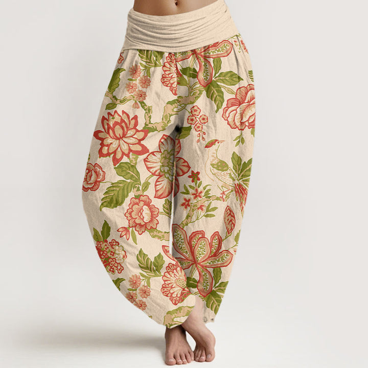 Buddha Stones Pure Cotton Bold Colors Flowers Leaves Branches Bird Pattern Women's Elastic Waist Harem Pants - LemonChiffon - US16，UK/AU20，EU48 (3XL) - image 0