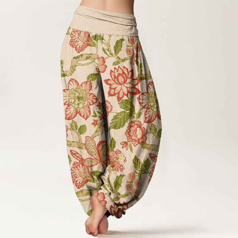 Buddha Stones Pure Cotton Bold Colors Flowers Leaves Branches Bird Pattern Women's Elastic Waist Harem Pants - image 1