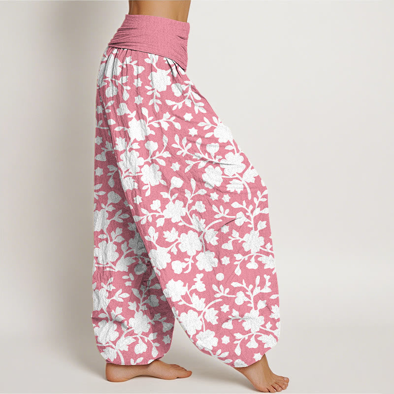 Buddha Stones Pure Cotton White Flowers Leaves Stars Pattern Women's Elastic Waist Harem Pants - image 7