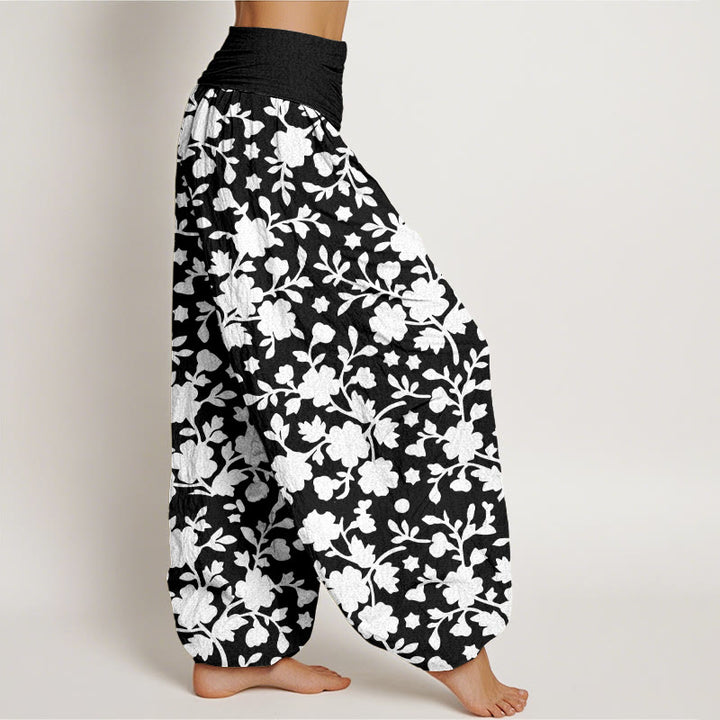 Buddha Stones Pure Cotton White Flowers Leaves Stars Pattern Women's Elastic Waist Harem Pants - image 10