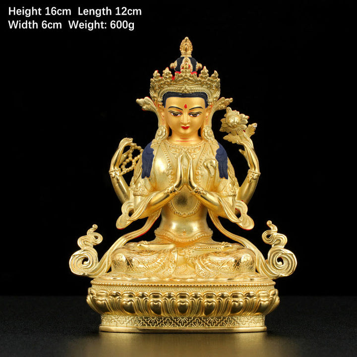 Chenrezig Four-armed Avalokitesvara Protection Copper Gold Plated Statue Decoration - 5 Inch - image 1