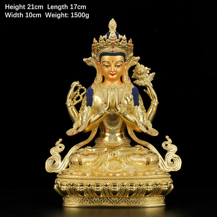 Chenrezig Four-armed Avalokitesvara Protection Copper Gold Plated Statue Decoration - 7 Inch - image 2
