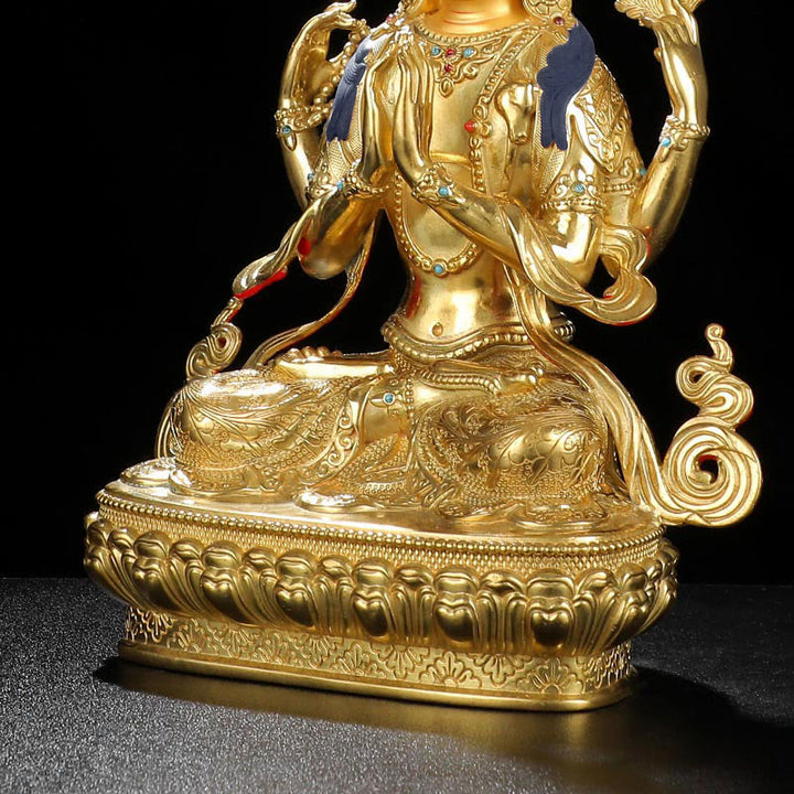 Chenrezig Four-armed Avalokitesvara Protection Copper Gold Plated Statue Decoration - image 10