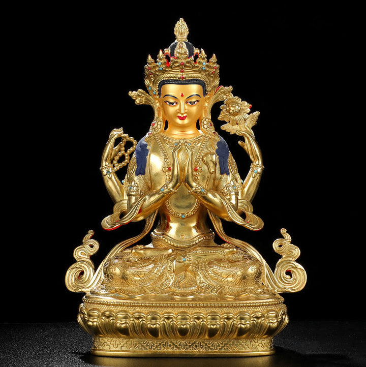 Chenrezig Four-armed Avalokitesvara Protection Copper Gold Plated Statue Decoration - image 8