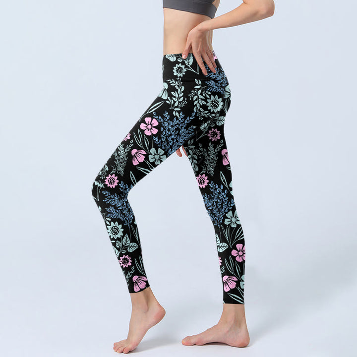 Buddha Stones Bold Color Contrast Flower Leaf Pattern Print Gym Leggings Women's Yoga Pants - image 2