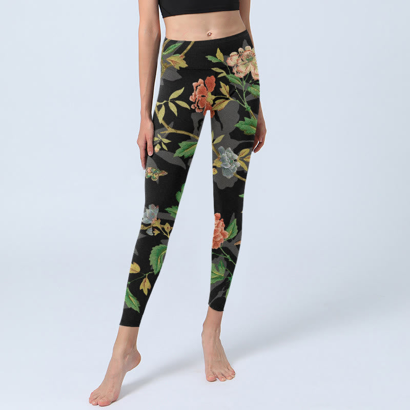 Buddha Stones Classical Flower Leaf Butterfly Bird Pattern Print Gym Leggings Women's Yoga Pants - image 5