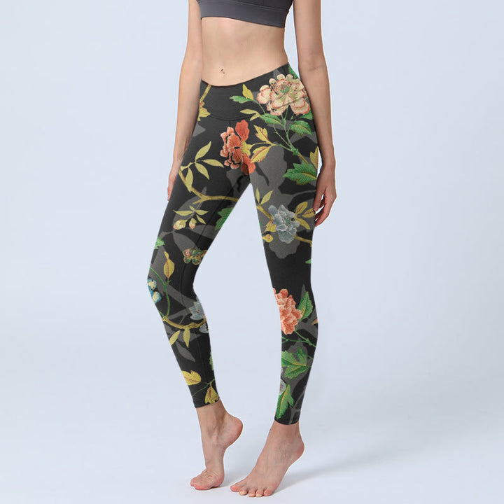 Buddha Stones Classical Flower Leaf Butterfly Bird Pattern Print Gym Leggings Women's Yoga Pants - Black - US18，UK/AU22，EU50 (4XL) - image 0