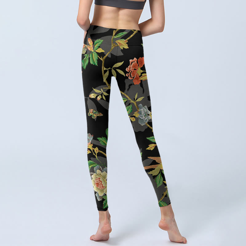 Buddha Stones Classical Flower Leaf Butterfly Bird Pattern Print Gym Leggings Women's Yoga Pants - image 6
