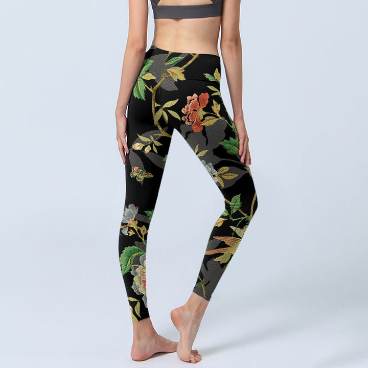 Buddha Stones Classical Flower Leaf Butterfly Bird Pattern Print Gym Leggings Women's Yoga Pants - image 4