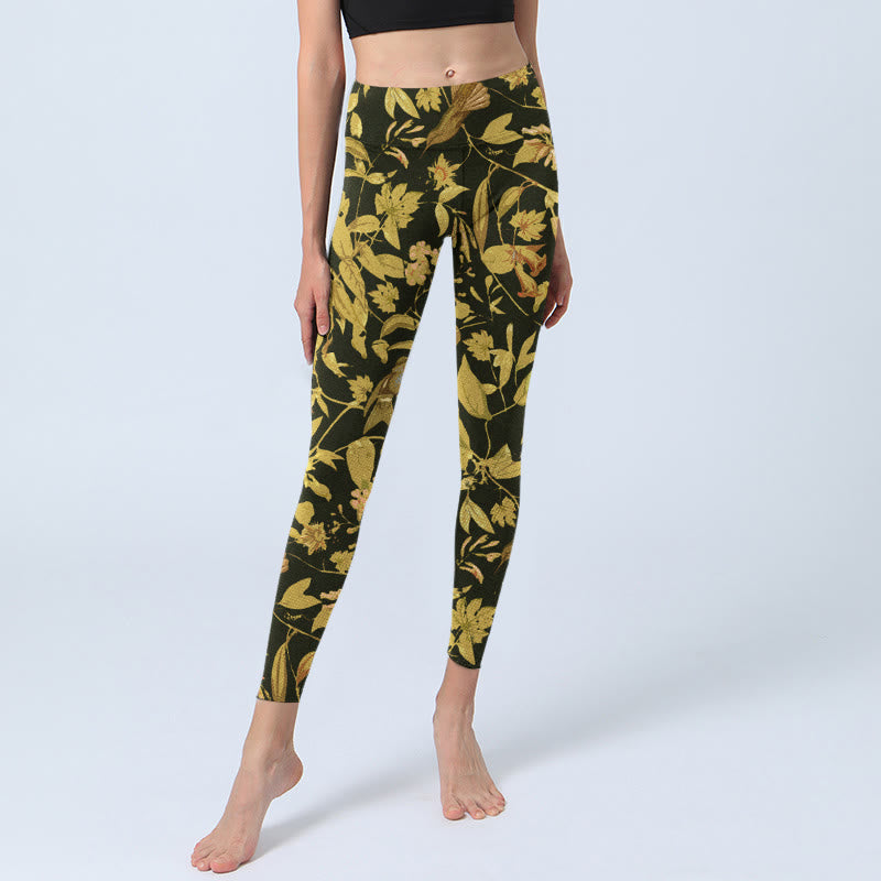 Buddha Stones Luxurious Flower Leaf Bird Pattern Print Gym Leggings Women's Yoga Pants - image 5