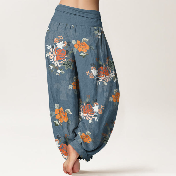 Buddha Stones Pure Cotton Vibrant Color Flowers Leaves Pattern Women's Elastic Waist Harem Pants - image 1