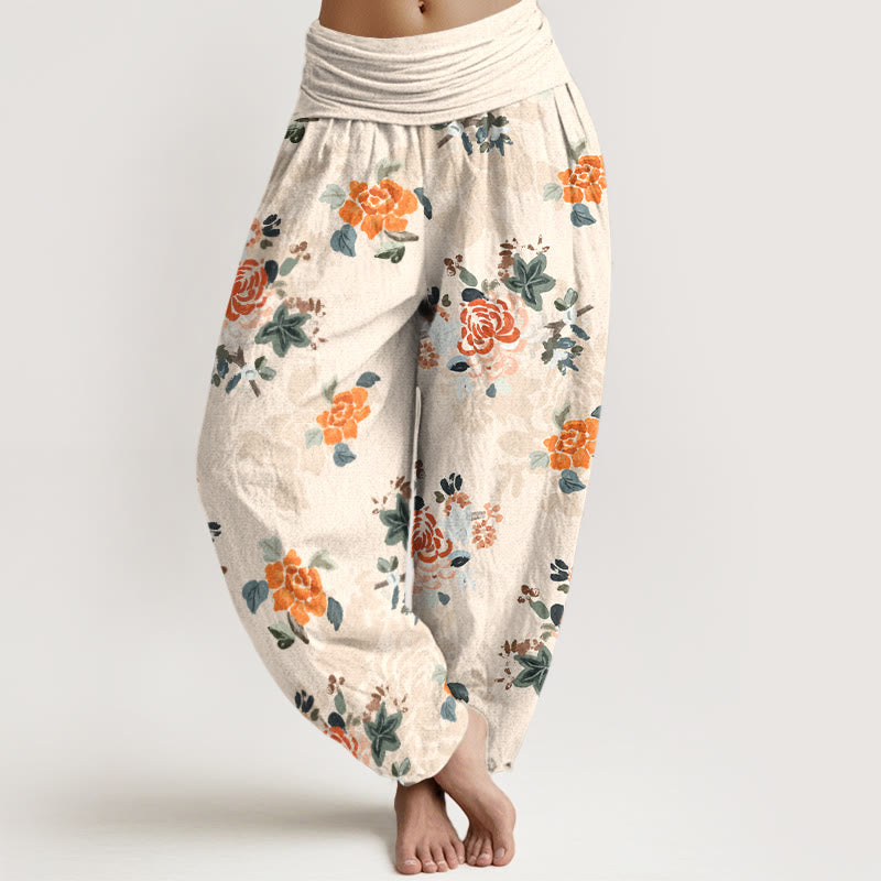 Buddha Stones Pure Cotton Vibrant Color Flowers Leaves Pattern Women's Elastic Waist Harem Pants - PapayaWhip - US16，UK/AU20，EU48 (3XL) - image 8