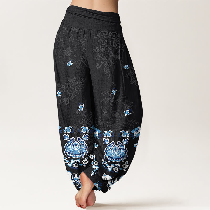 Buddha Stones Pure Cotton Elegant Classic Flower Butterfly Pattern Women's Elastic Waist Harem Pants - image 1