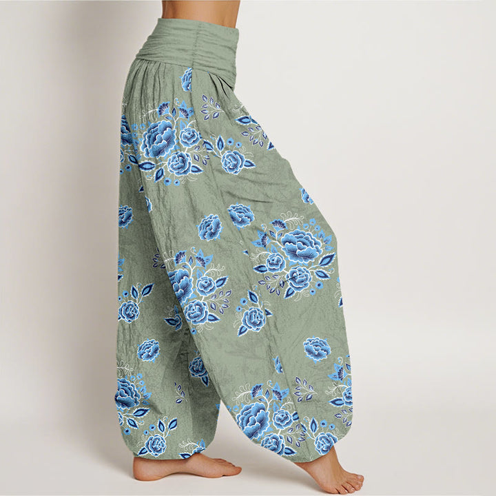Buddha Stones Pure Cotton Blue Flower Pattern Women's Elastic Waist Harem Pants - image 7