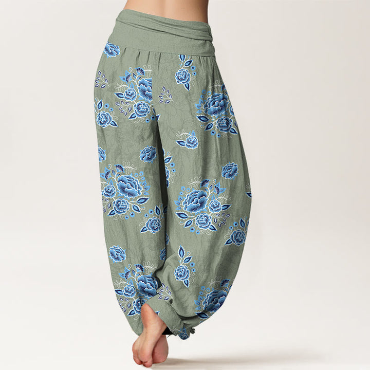 Buddha Stones Pure Cotton Blue Flower Pattern Women's Elastic Waist Harem Pants - image 6