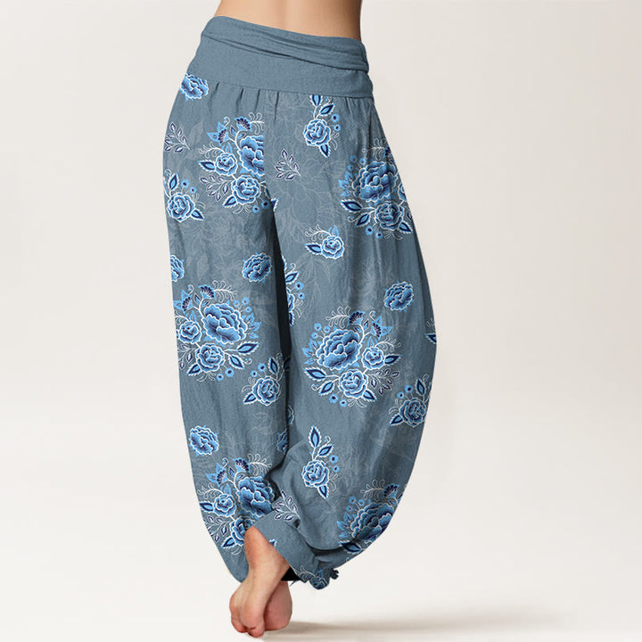 Buddha Stones Pure Cotton Blue Flower Pattern Women's Elastic Waist Harem Pants - image 9