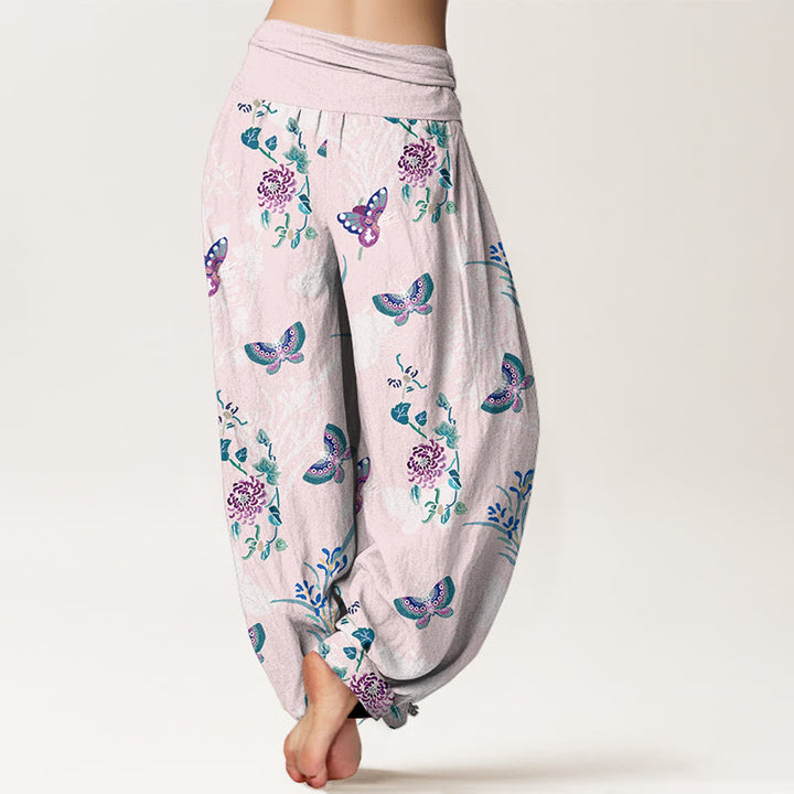 Buddha Stones Pure Cotton Fresh Elegant Butterfly Grass Flower Pattern Women's Elastic Waist Harem Pants - image 1
