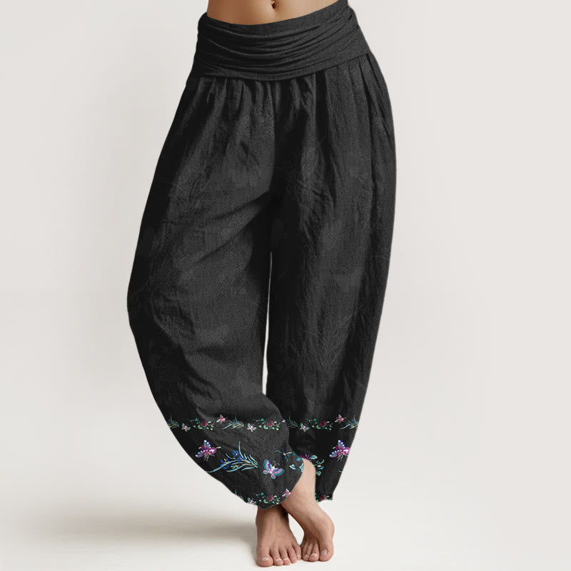 Buddha Stones Pure Cotton Trouser Legs Neatly Arranged Butterfly Grass Flower Pattern Women's Elastic Waist Harem Pants - Black - US16，UK/AU20，EU48 (3XL) - image 0