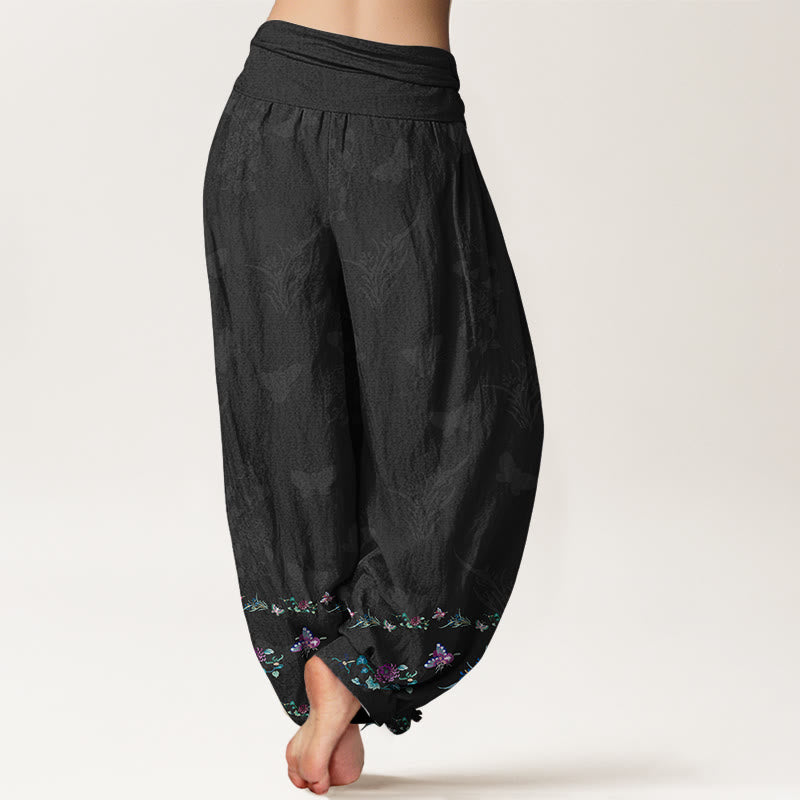 Buddha Stones Pure Cotton Trouser Legs Neatly Arranged Butterfly Grass Flower Pattern Women's Elastic Waist Harem Pants - image 1