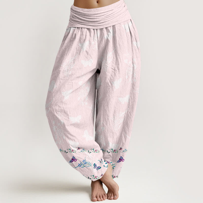 Buddha Stones Pure Cotton Trouser Legs Neatly Arranged Butterfly Grass Flower Pattern Women's Elastic Waist Harem Pants - MistyRose - US16，UK/AU20，EU48 (3XL) - image 8